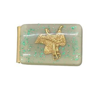 Statement Horse Saddle Money Clip with Lucite Vintage Plastic Green Glitter